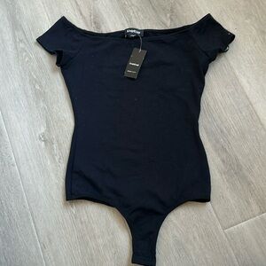 BEBE OFF THE SHOULDER CAP SLEEVE BODYSUIT Jet Black Sz XS